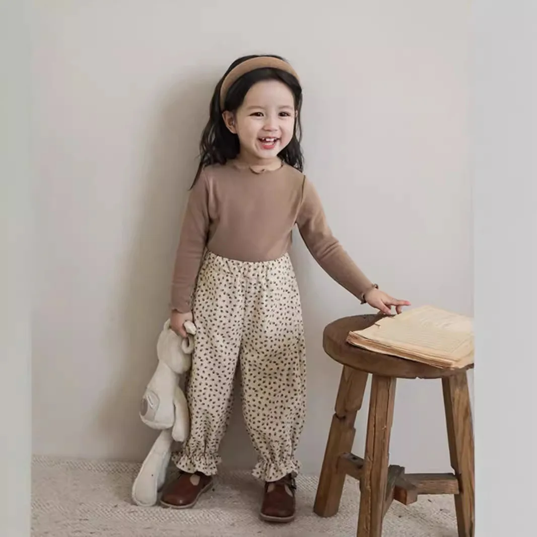 2024 Autumn Toddler Girl Undershirt Solid Ruffle Collar Korean Infant Baby Girl Tops Cotton Long Sleeve Children Girl Bottom Tee