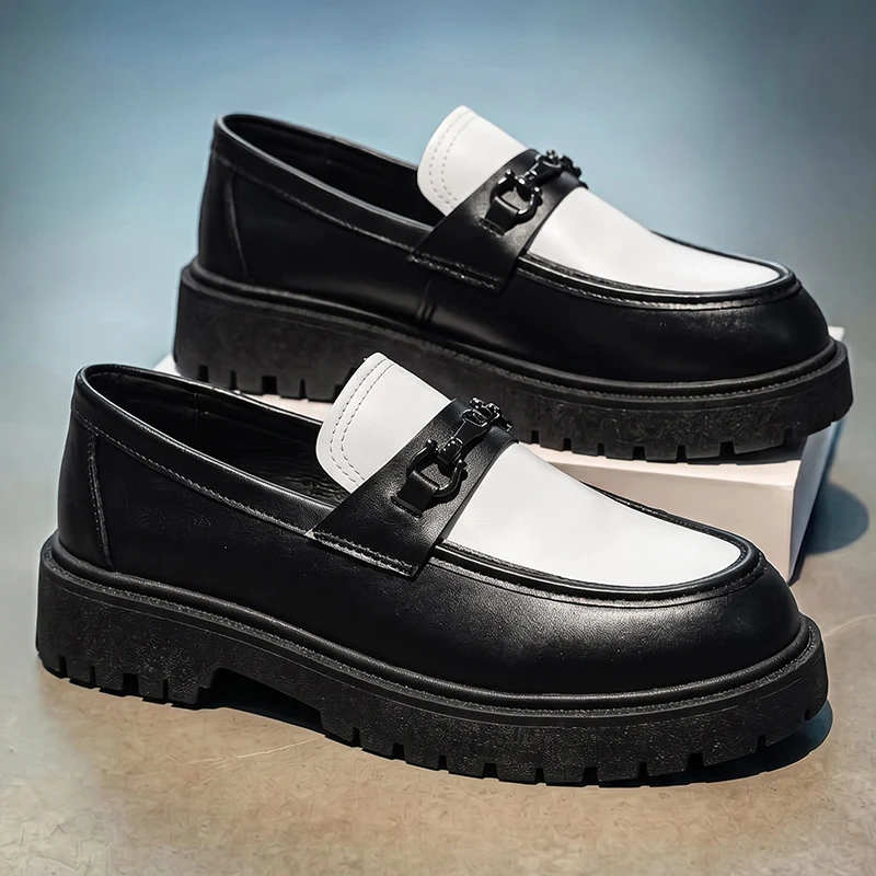 Men's Thick Sole Loafers Metal Buckle Slip‑on Leather Dress Shoes Non‑Slip Platform Casual Shoes for Office Daily Party