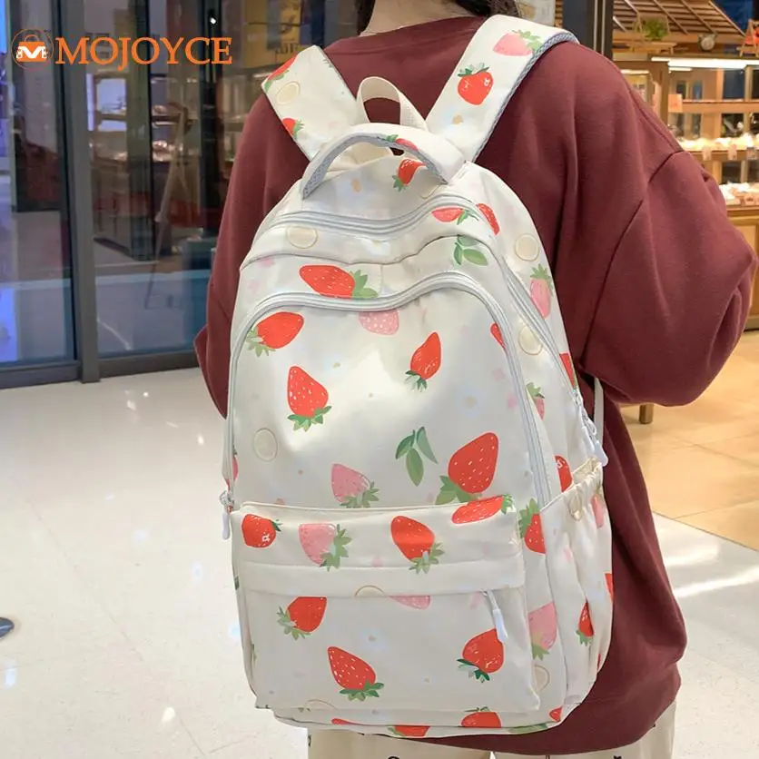 Japanese Strawberry Print Schoolbag Large Capacity Student Backpack Adjustable Strap Teen Girl Bookbag Aesthetic College Mochila