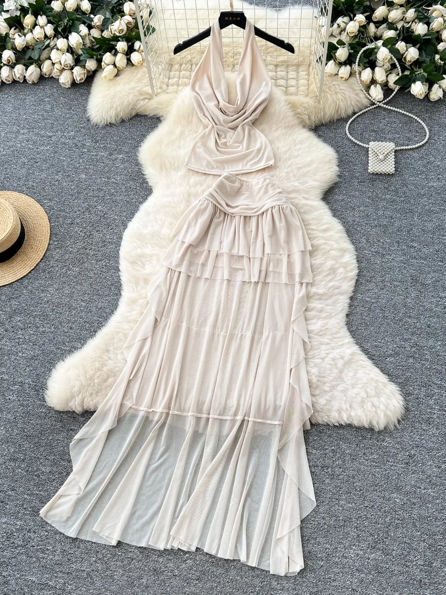 

Foamlina Vacation Style Fairy Sexy Halter Cowl Neck Top Women High Waist Irregular Ruffle Hem Half Skirt 2 Piece Set For Holiday