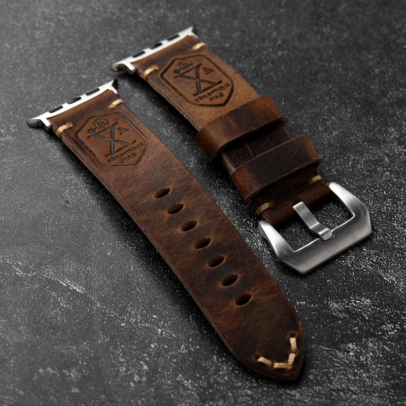 Handmade Vintage Crazy Horse Leather Bracelet 40MM 44MM 45MM 49MM Fits Apple Watch S8 Ultra Folded Thick Brown Strap