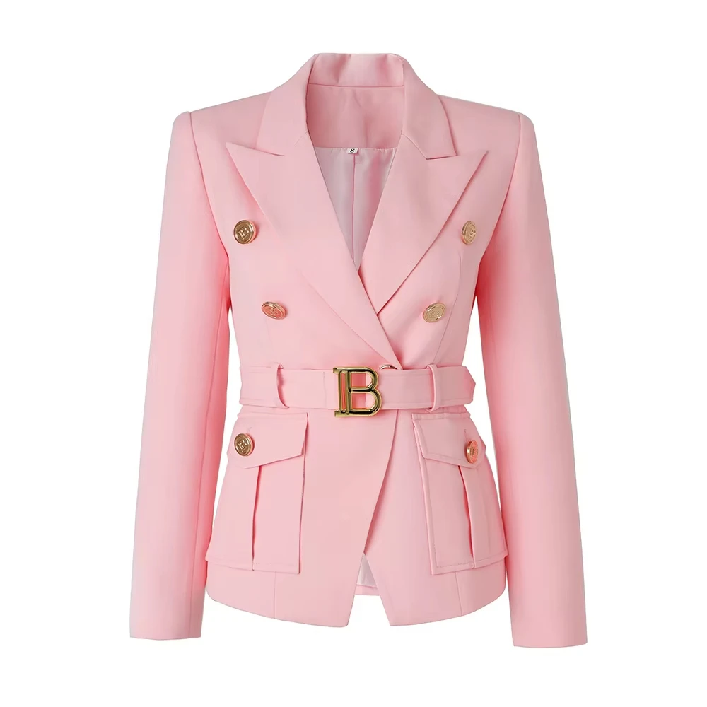 

Amazing Design Workwear Office Lady Luxury OL Quality Pockets Blazer With Belt Baby Pink Formal Jacket For Women