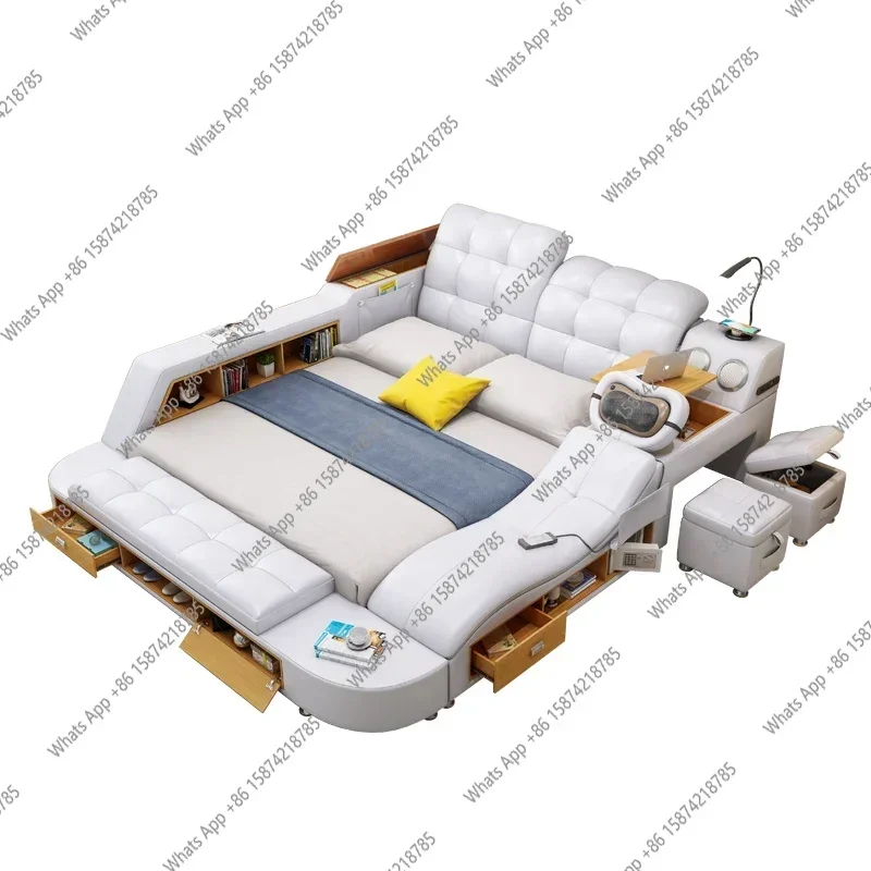 YX Genuine Leather Multifunctional Massage Bed Frame Nordic Tatami Camas Ultimate Bed Tech Smart Beds With Bluetooth Audio LED L