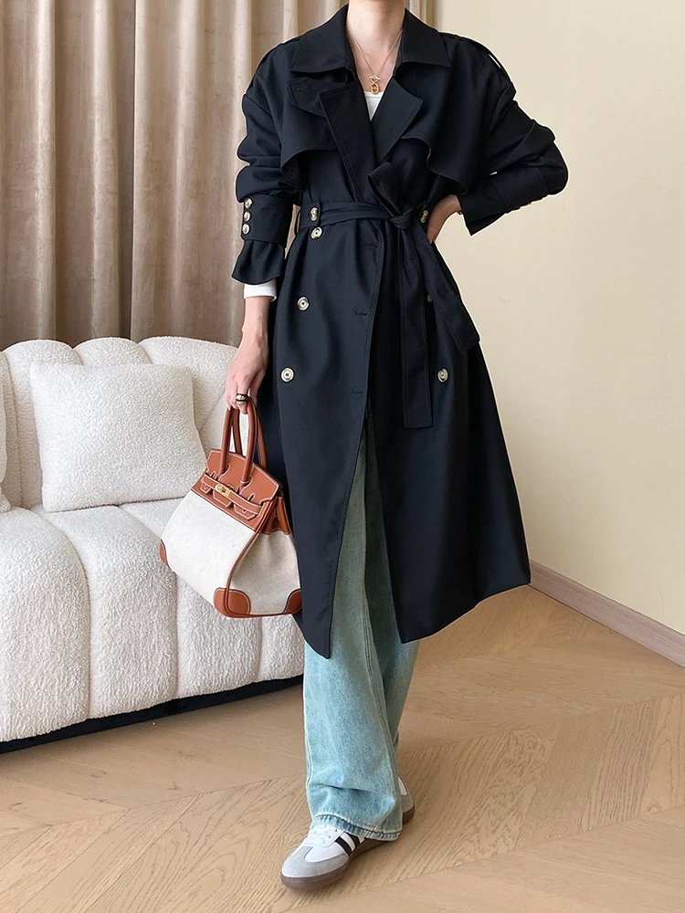 

Women Khaki Belted Big Size Long Elegant Trench New Lapel Long Sleeve Windbreaker Fashion Tide Spring Autumn