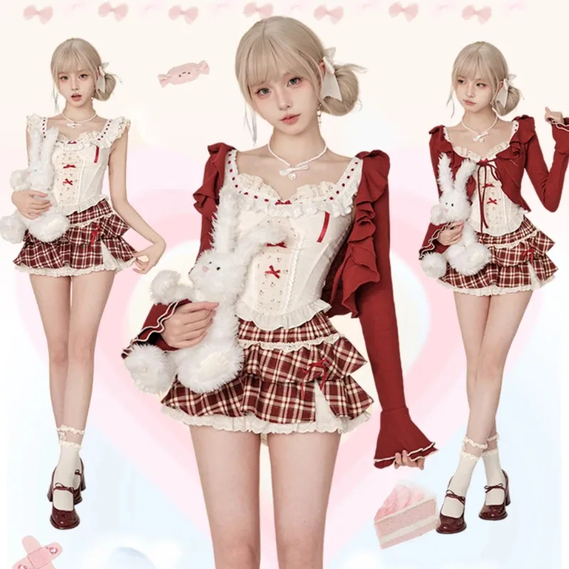 

2024 New Red Plaid Skirt 3 Piece Set Outfits Lolita Japanese Style Sweet Suit Shot Cardigan + Slim Lace Vest + Y2k Mini Skirt