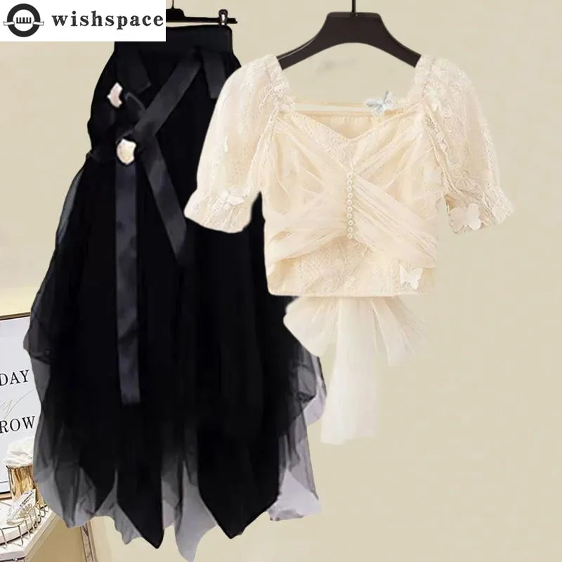 2023 Korean Style Bow Cross Chiffon T-shirt Tops Black Tulle Pleated Skirt Two-piece Elegant Women's Pants Set Outfits Clothing