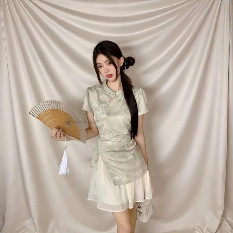 Vintage Chinese Style Lady Short Sleeved Dress Improved Irregular Patchwork Daily Qipao Gentle Temperament Printing Qipao