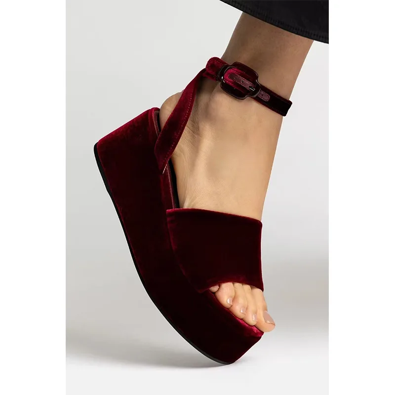 Women Burgundy Velvet Platform Sandals with Ankle Strap Buckle Detail Retro-Chic Comfortable Footwear Stylish Versatile Choice