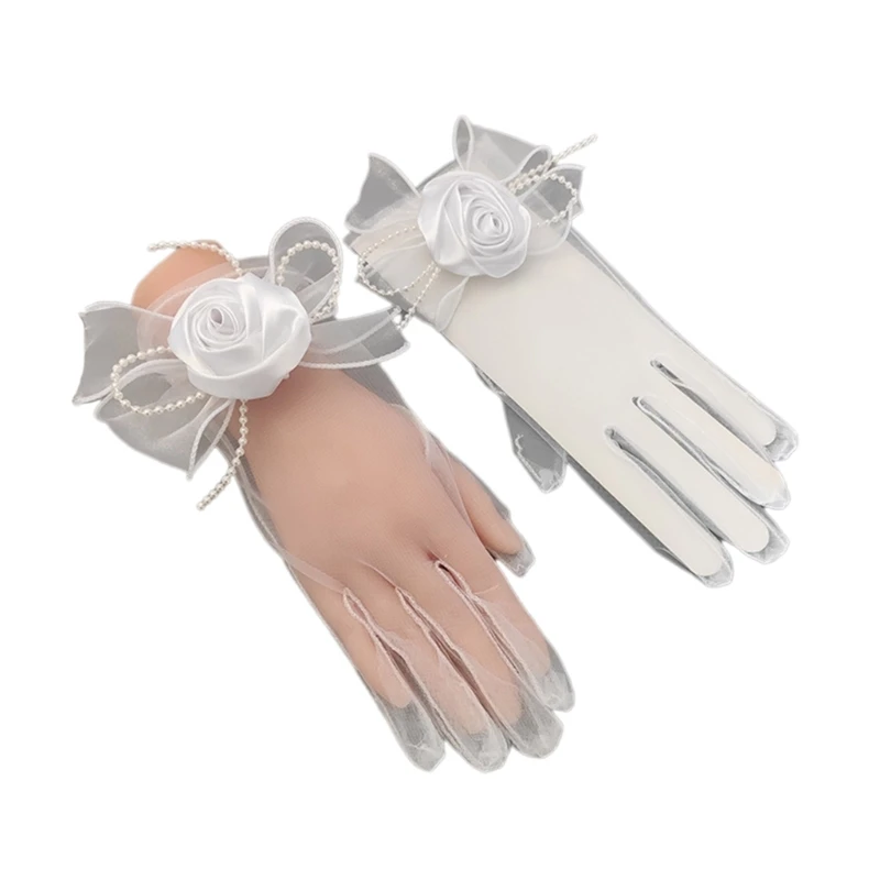 

Fashion Sheer Flower&Bowknot Decors Gloves Elastic Bridal Etiquette Short Lace Gloves Summer See Through White Gloves