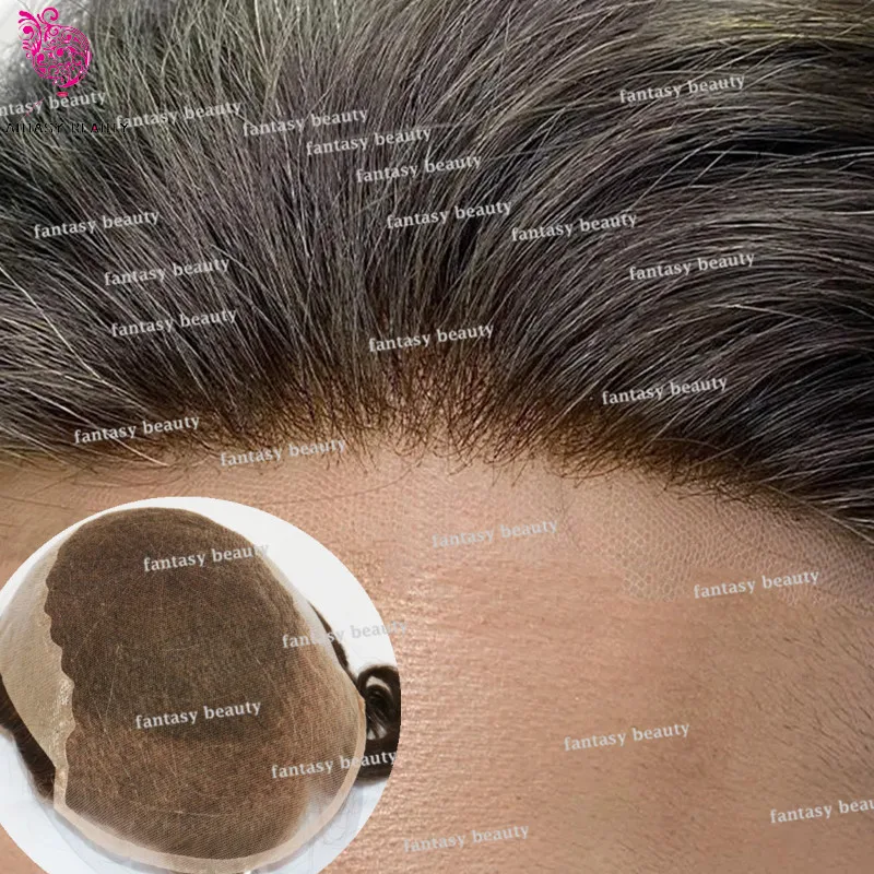 Natural hairline Durable Q6 Men's Capillary prosthesis Q6 Blonde Brown 100% Human Hair wig Breathable Lace & pu Mens Toupee Grey