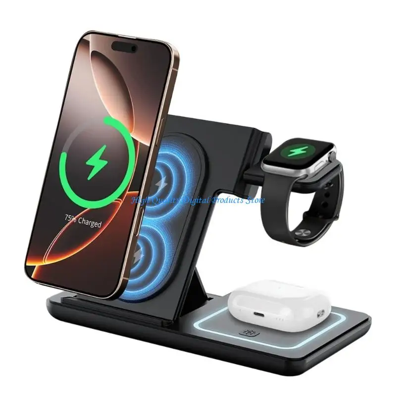 U2JE 3 In 1 Wireless Charging Station For Phone Watch Earphones Foldable Stand Fast 15W Charging Anti Slip Base