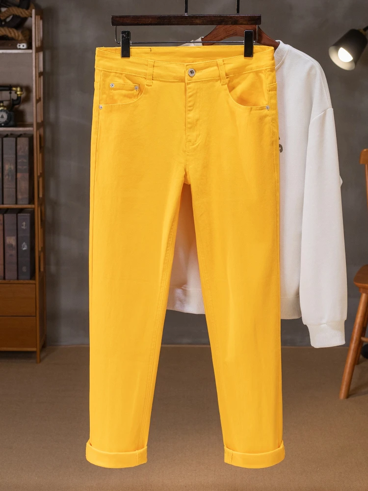 Bright Yellow Straight Leg Jeans Men Hip Hop Streetwear Casual Denim Pants Elastic Slim Fit Versatile Luxury Business Trousers