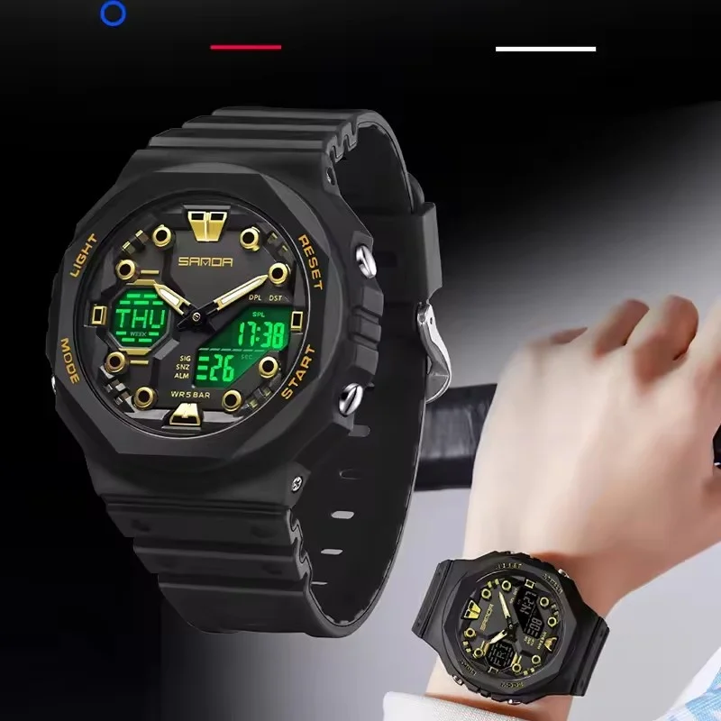SANDA 6200 ساعة إلكترونية جديدة عرض مزدوج متعدد الوظائف ضوء ليلي مقاوم للماء ساعة رياضية رائعة للطلاب والطالبات