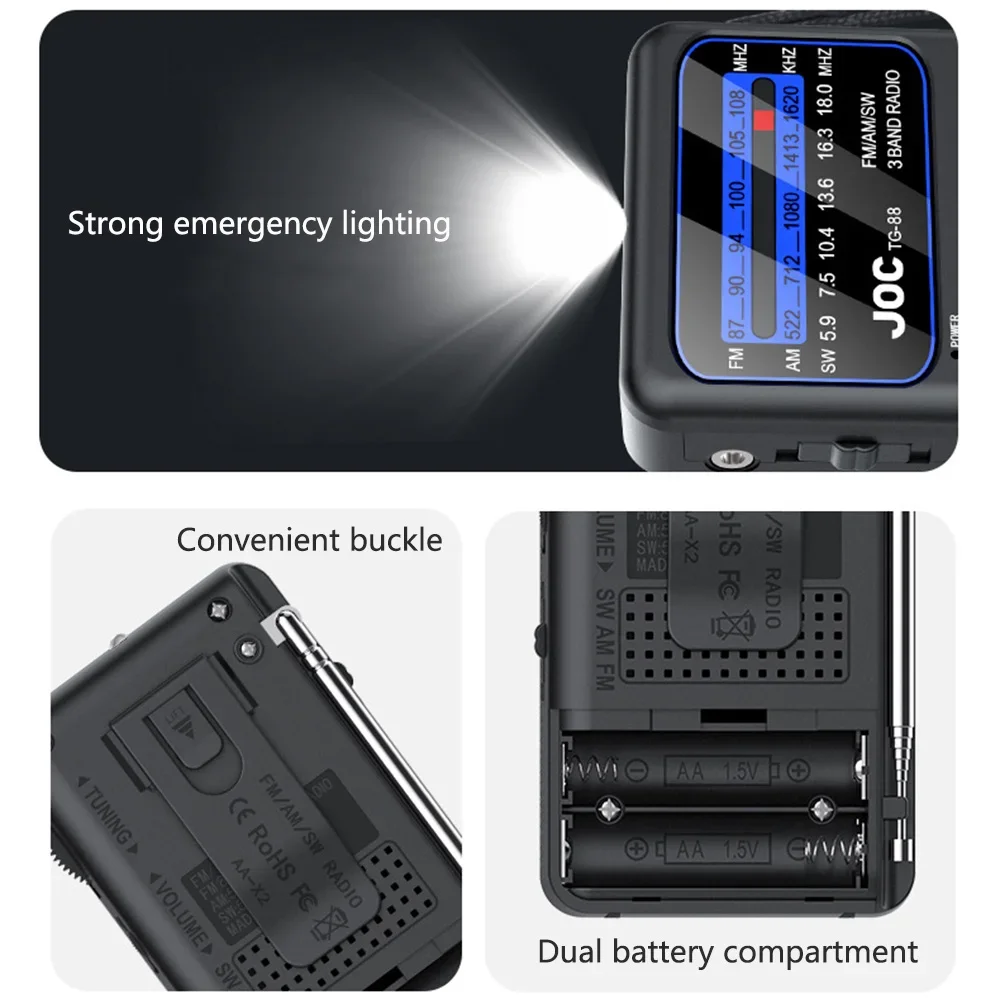Portátil fm/am/sw rádio bateria receptor fm excelente recepção alto-falante claro com 3.5mm fone de ouvido jack iluminação led para idosos