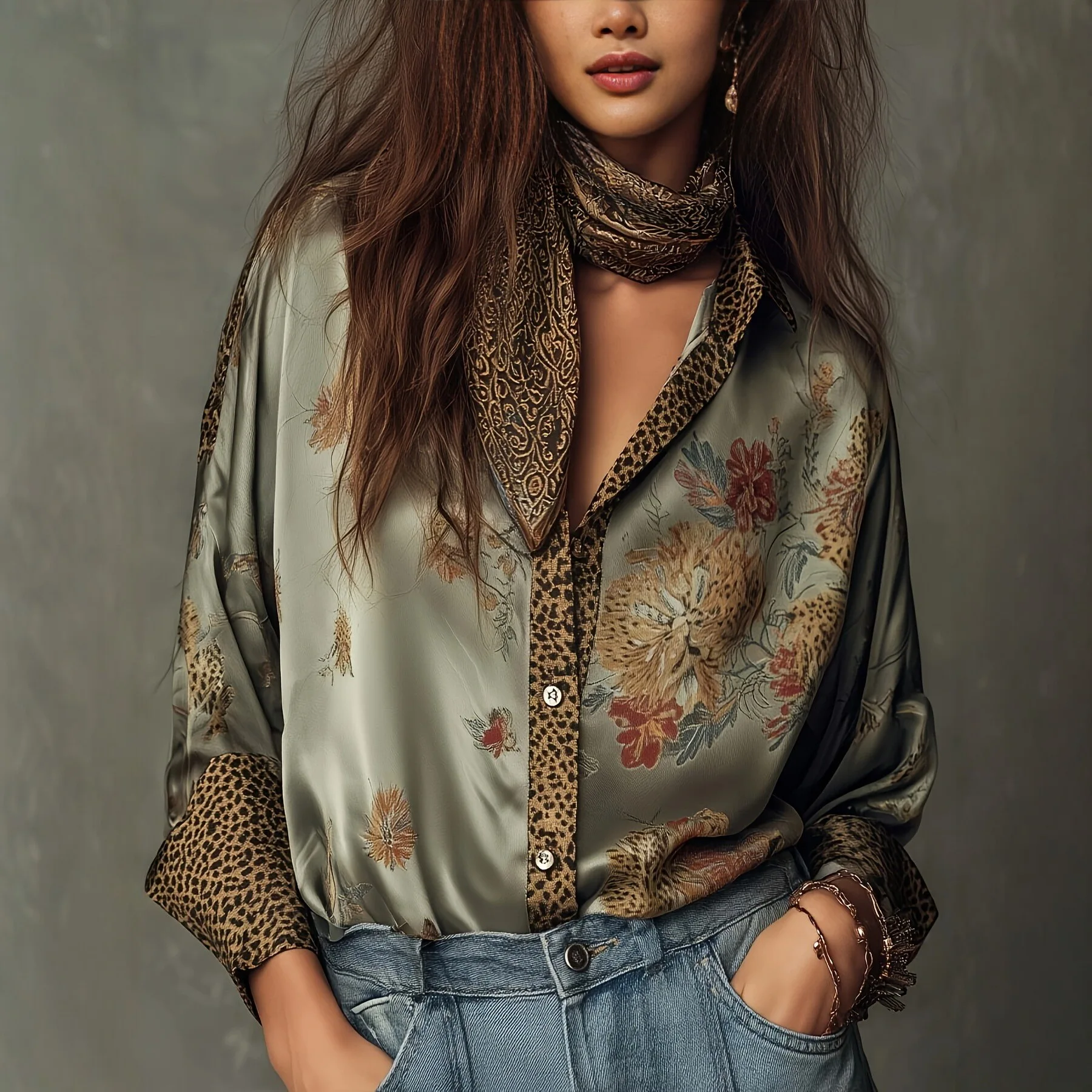 Women Leopard Splice Lapel Button Long Sleeve Satin Shirts For Women Retro Floral Print Loose Blouse Casual Beach Bohemian Tops
