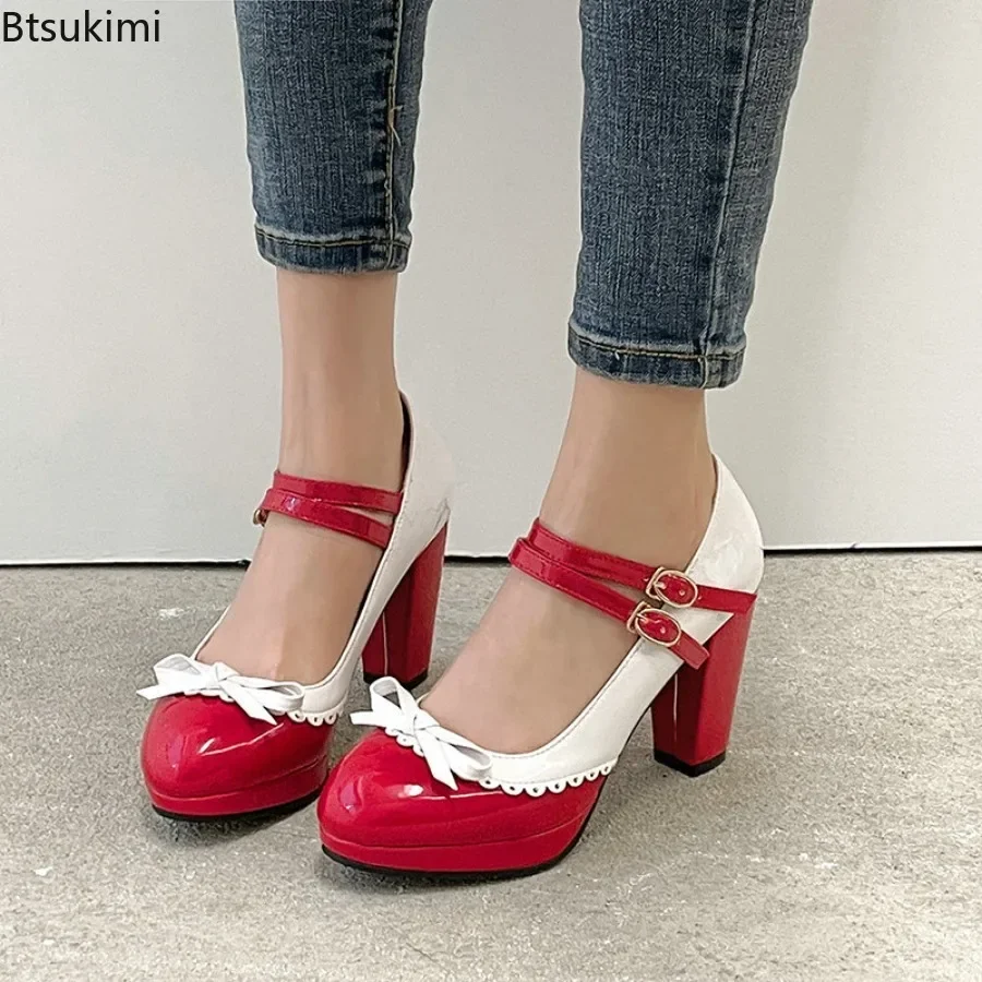 2026 Spring Ankle Straps Platform High Heels Sexy Shoes Womens Heels Round Toe Color Blocking Party Office Pumps 32-48 Plus Size