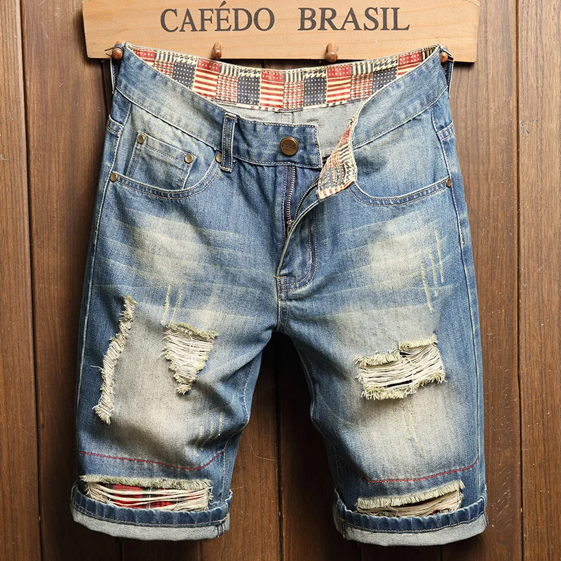 New Ripped Streetwear Vintage Denim Shorts Mens Summer Hip-Hop Fashion Hole Slim Male Shorts Brand Clothes Straight Short Jeans