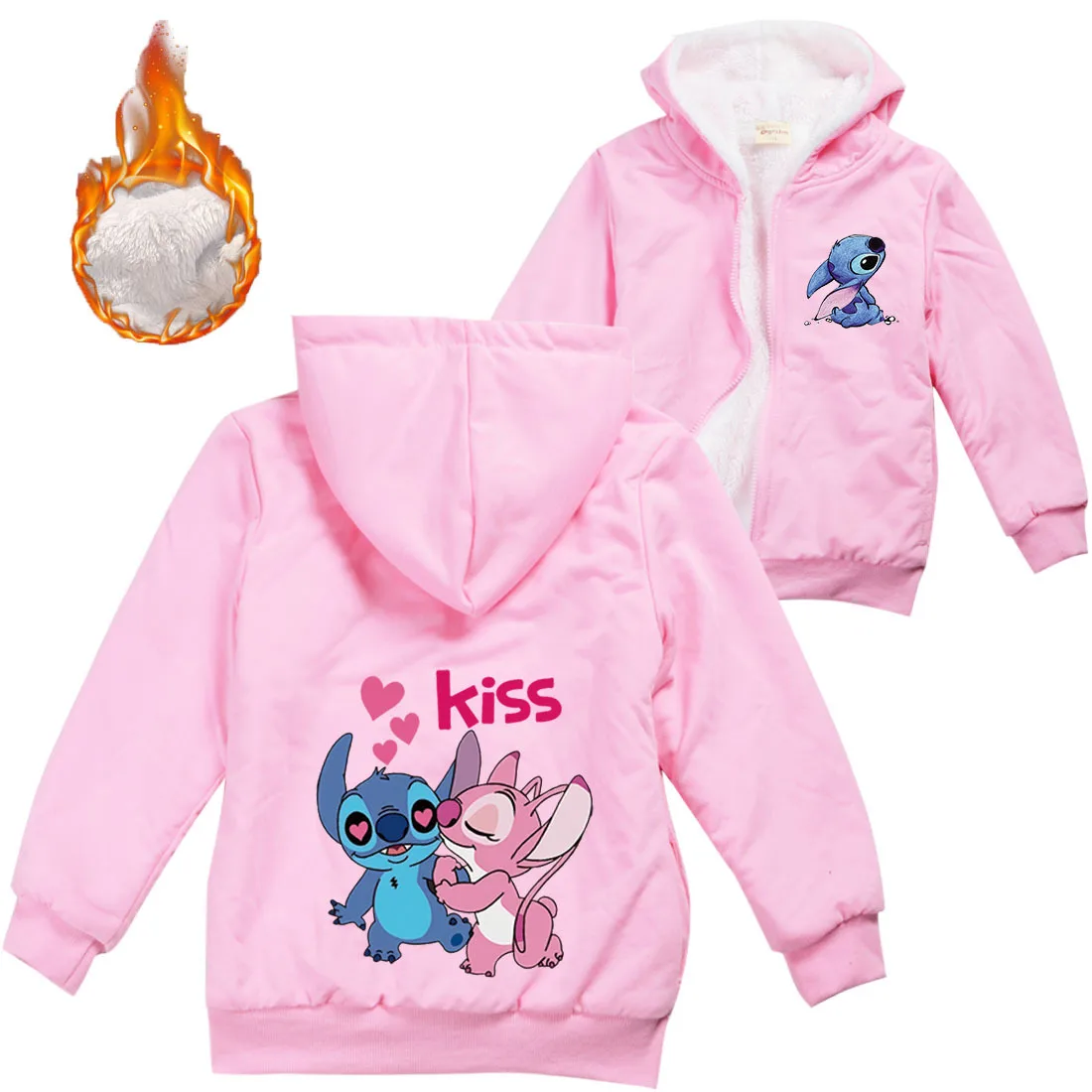 

Lilo And Stitch Kids Jackets Boys Winter Thick Coats Warm Fur Outerwear For Youth Girls Hooded Jacket Children's Clothes 2-16Y