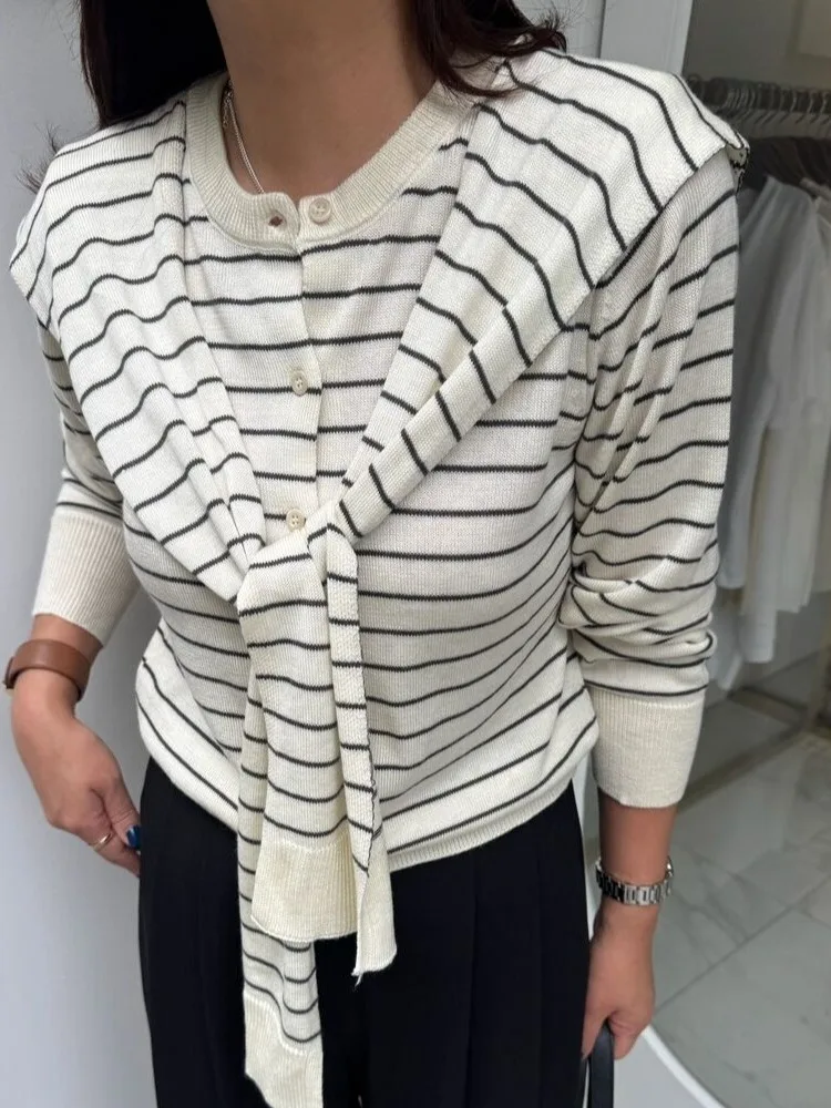 

Korean Sle Striped Single Button Sweater Women's Ele Agel Open Cardigan Top plus oulder awl Trendy Autumn Set