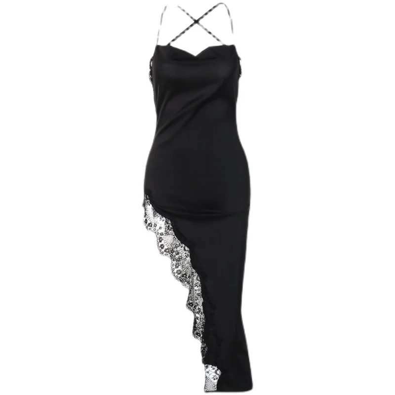 Romantische kant, satijn, comfortabel, sexy, lange jurk met hoge taille, straatmode, alle maten...