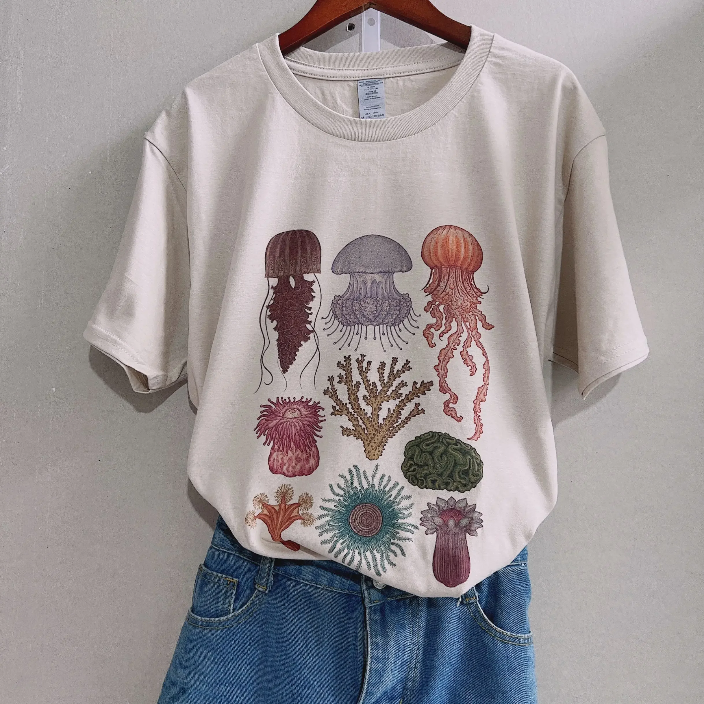 

Summer American Ins Jellyfish Seafood Printing T-shirt Women's Retro Grunge Aesthetics New Fashion Casual Y2k Half Sleeve Top