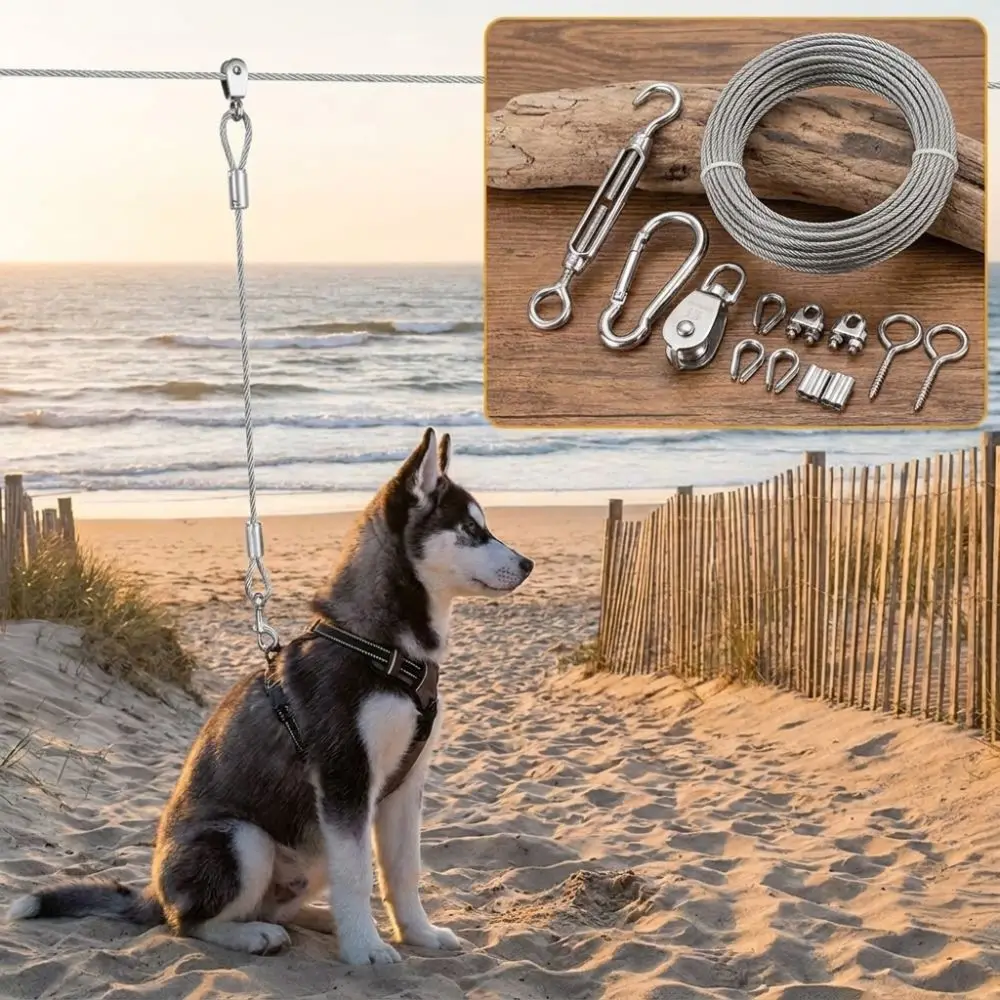 15/30M Outdoor Dog Tie Out Cable Metal Buckle Anti Rust Dog Runner for Yard Chew Proof Shock-Absorbing