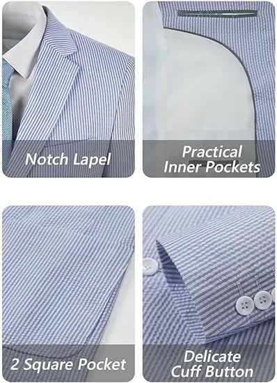 Tesco Customized Seersucker Men's Suits 2 Piece Casual Summer Beach Men Suits Wedding Grooms Jacket Pants Striped Suit Set
