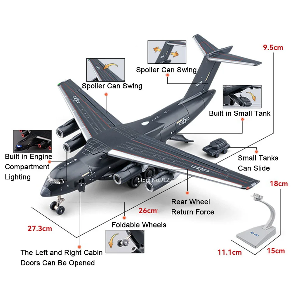 1:180 Scale Y-20 Transport Aircraft Model Toy Metal Body Pull Back Foldable Nose Wheel Military Plane Models Children's Gifts