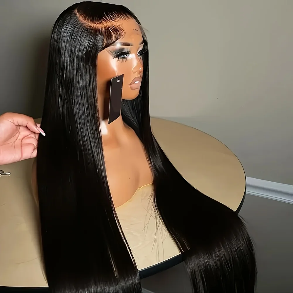13X6 black long straight hair black synthetic wig front hairstyle pre pulled black debonding fake 180 density synthetic wig side