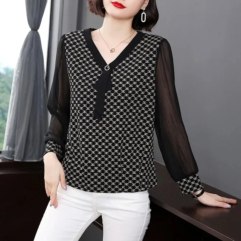 

Women's Black Monogram Print V-Neck Blouse with Sheer Chiffon Sleeves and Decorative Bow