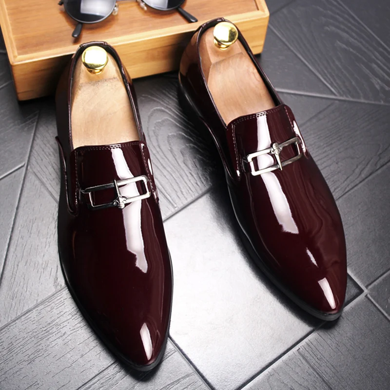 

men's luxury fashion wedding party dress patent leather shoes slip-on driving shoe black red pointed toe summer loafers sneakers