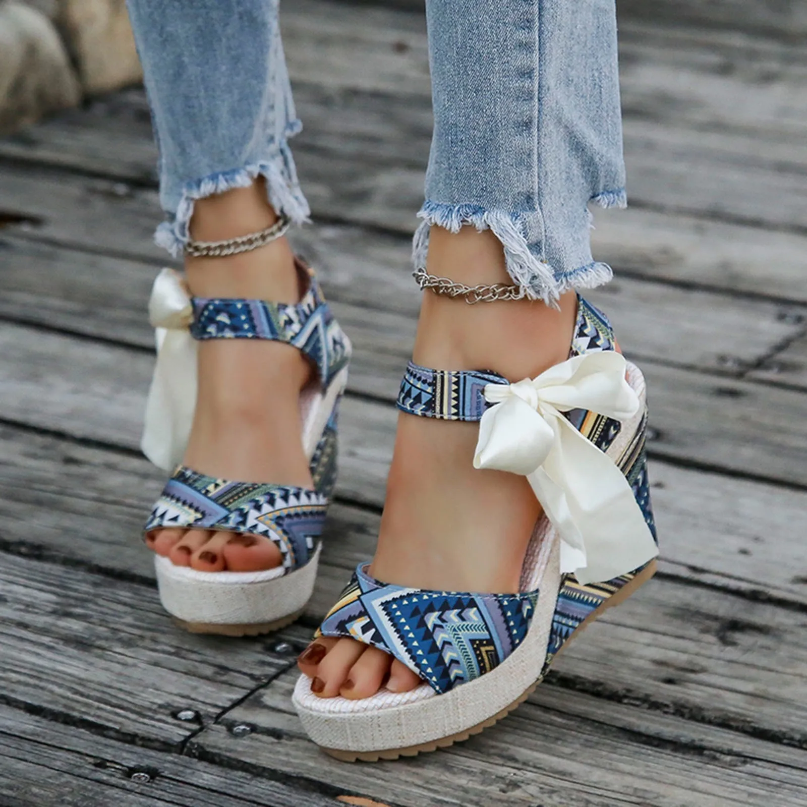 Ladies Summer Beach Boho Floral Wedge Sandals Women Ankle Strap Platform Gladiator Shoes Fashion High Heels Sandalias Mujer