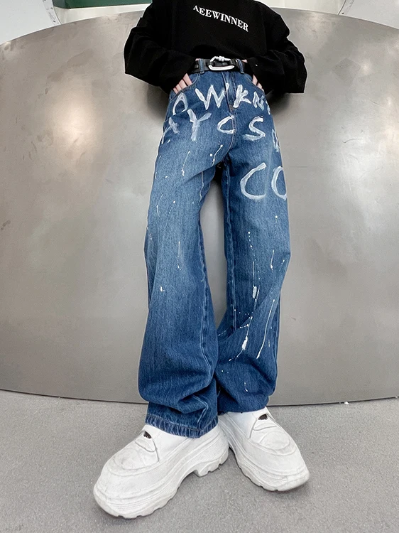

Trendy American Graffiti Letter Print Jeans Men's Straight Leg Wide Leg Pants Street Dance Casual Wear Low Waist Zipper Fly