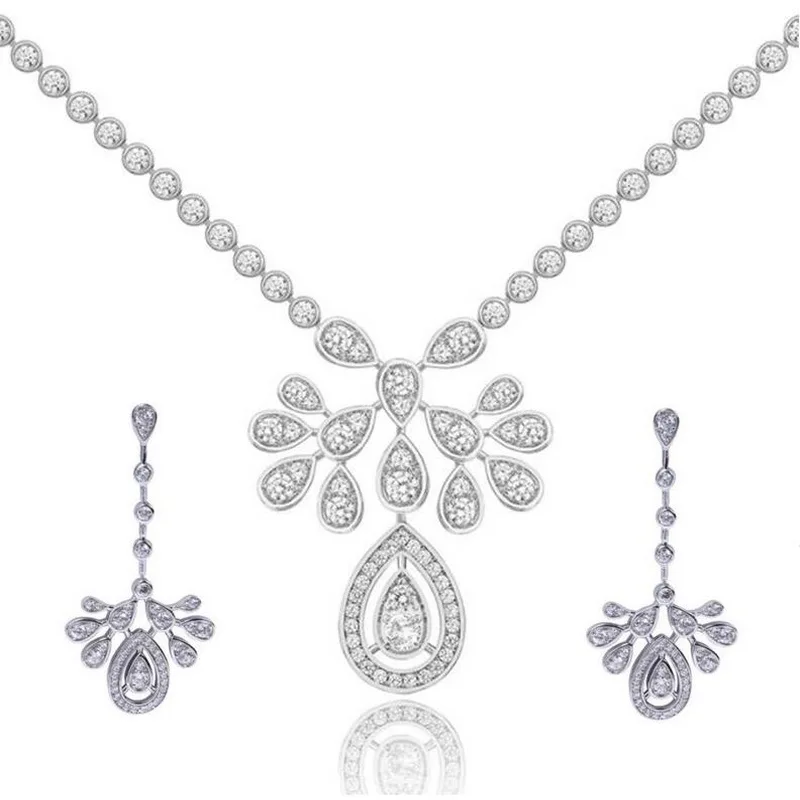 

Designer Collection High-end Jewelry Sets Women Lady Inlay Full Cubic Zircon Aigrette Silver Color Chain Necklace Earrings