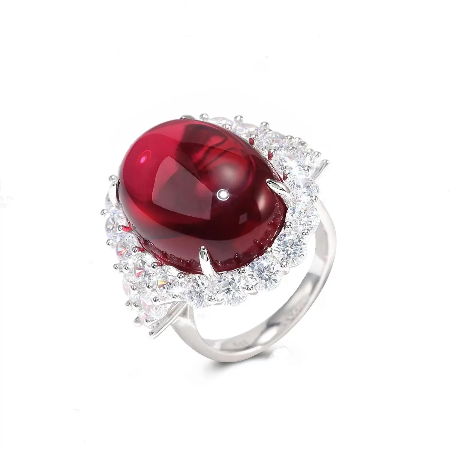 ZOCA 100% 925 Sterling Silver Oval Cabochon MM Ruby High Carbon Diamond Gemstone Cocktail Ring For Women Engagement Jewelry