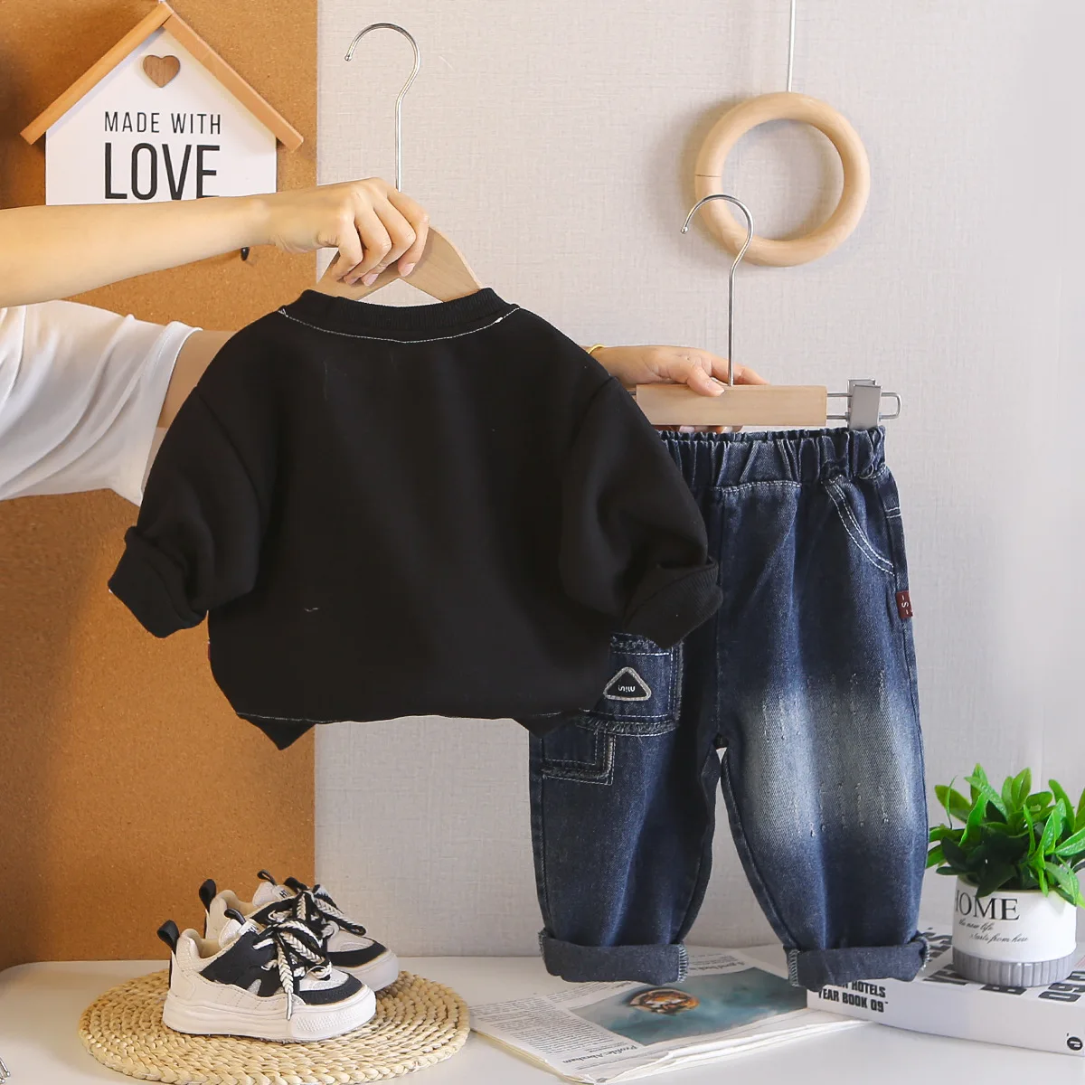Toddler Boys 2 Piece Tracksuit Color Patchwork Pocket Sweatshirt and Denim Pants Kids Spring Streetwear Casual Matching Outfit