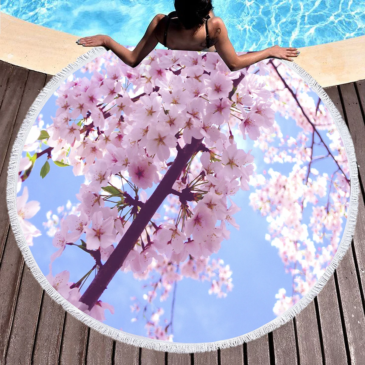 Cherry Blossom Round Beach Towel,Pink Romantic Cherry Blossom Sand Proof Beach Blanket Absorbent Quick Dry Pool Towel Picnic Mat