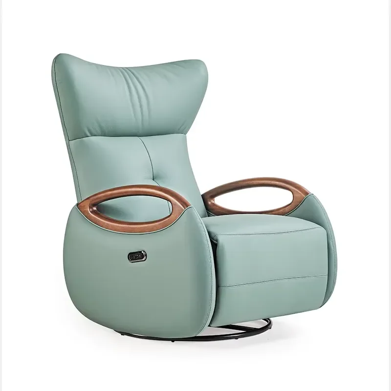 Electric Recliner Chair Single Sofa Genuine Leather Rotary Adjustable Extendable Curved Armrest Swivel Massage Wood Modern