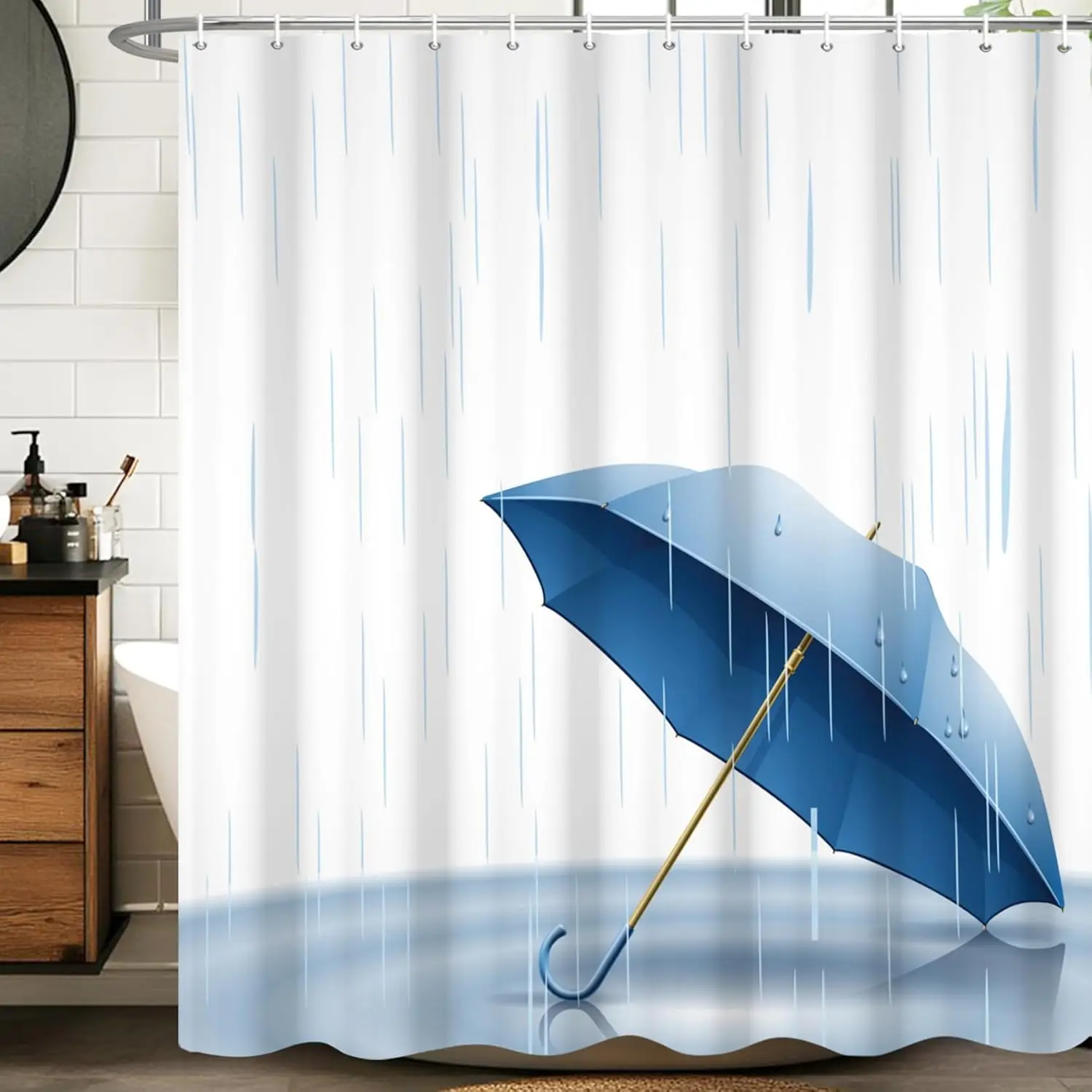

Blue Umbrella in Rain Scene Waterproof Decorative Shower Curtain for Modern Bathroom Home Decor with Hooks