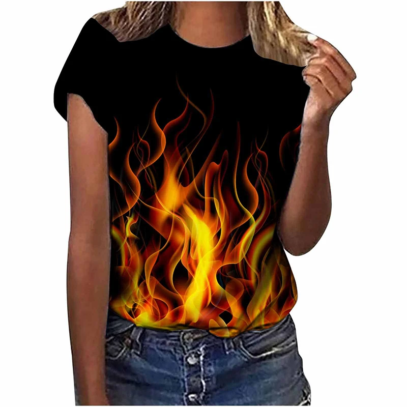 Summer Colorful Flame 3D Print T-shirt Women Vintage Streetwear Short Sleeve T Shirts Y2k Tops Tees Harajuku Oversized Clothing