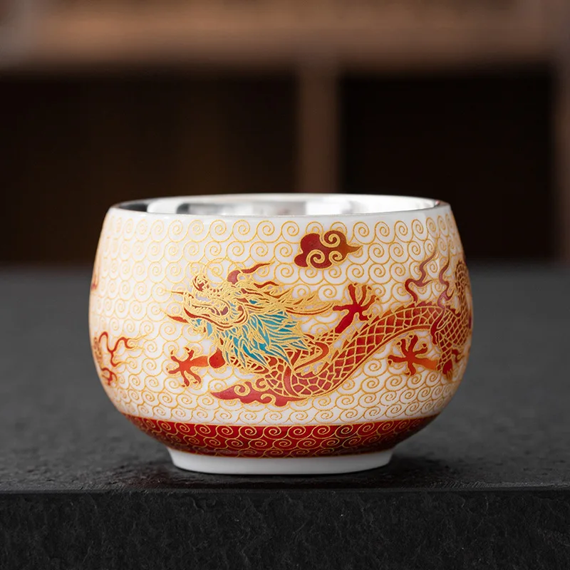 

Cloisonné Enamel Master Ceramic Dragon and Phoenix Pair Tasting Kung Fu Set Large Gold-Plated Tea Cup Gift Box S