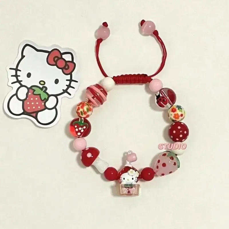 Miniso Hellokitty Bangles Cute Red Colour Strawberry Minority Bead Weaving Rope for Girls Women Birthday Day Kawaii New Gifts