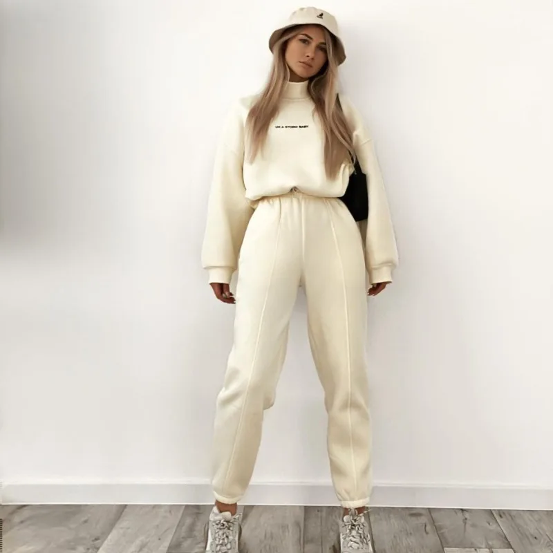 2023 Spring Autumn New Printed Loose Sports Suit Women Turtleneck Long Sleeve Sweatshirt Drawstring High Waist Pencil Pants Suit