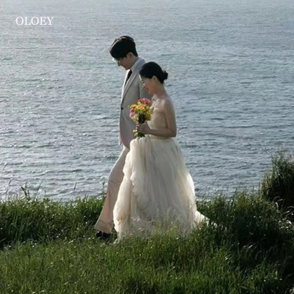 OLOEY-vestidos de novia de tul amarillo claro, vestido de noche, corsé sin tirantes, espalda, sesión de fotos, Corea