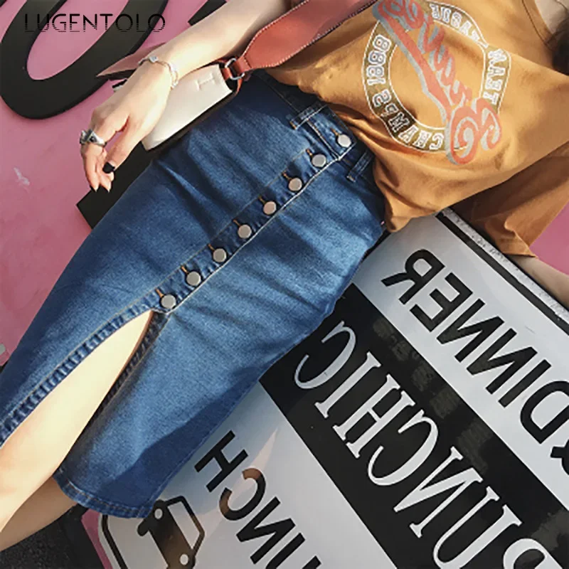 

Women Denim Skirt Stretch High Waist Sexy Pear Shape Package Hip Fashion Single Breasted Slit Elegant Party Commuter Wear