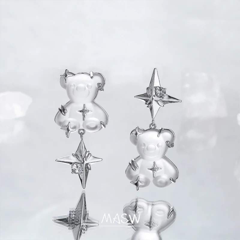 MASW Trendy Jewelry Little Bear Earrings 2022 New Trend Original Design Thick Silver Plated Asymmetrical Star Earrings For Girl