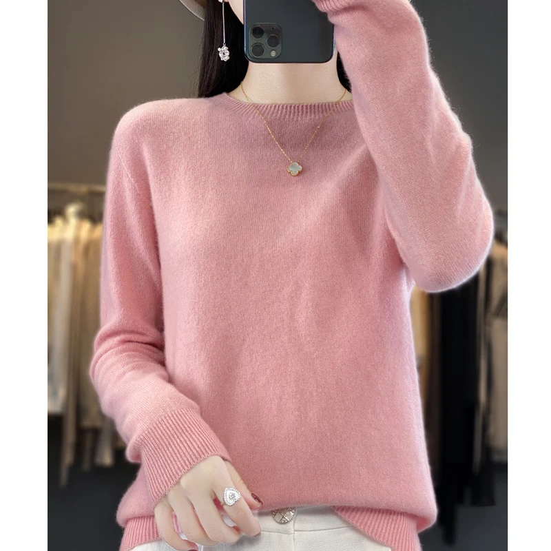 Women's 100% Beautiful Wool Round Neck Top Fashion Versatile Knitted Loose Long Sleeve Pullover Thin Sweater Yuan Ling