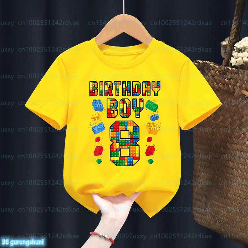 Camiseta de bloques de construcción para niños, vestido de fiesta de cumpleaños, camiseta bonita para niños de 4 a 9 años, 2023