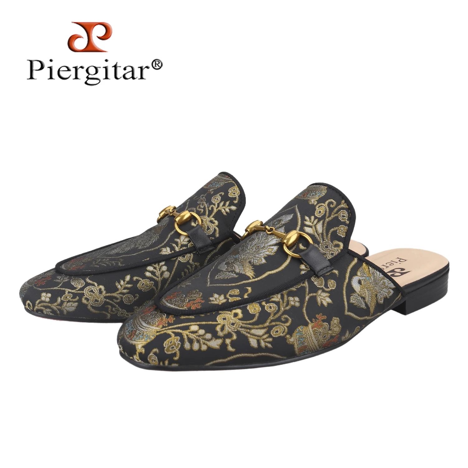 Piergitar Chinese Retro Aesthetic Custom Gold Floral Jacquard Silk Men's Mule Classic Style Horsebit Trendy Slippers For Outdoor