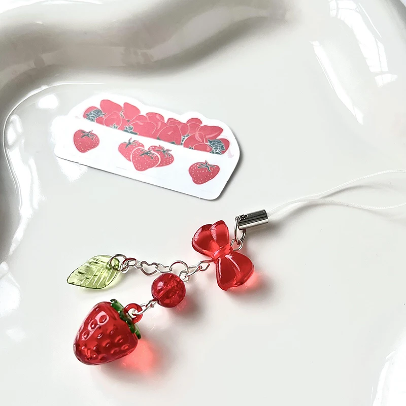 Cute Red Cherry Strawberry Bow Mobile Phone Strap Charm Keychain For Girl Woman Bag Camera Pendant Sweet Cellphone Jewelry